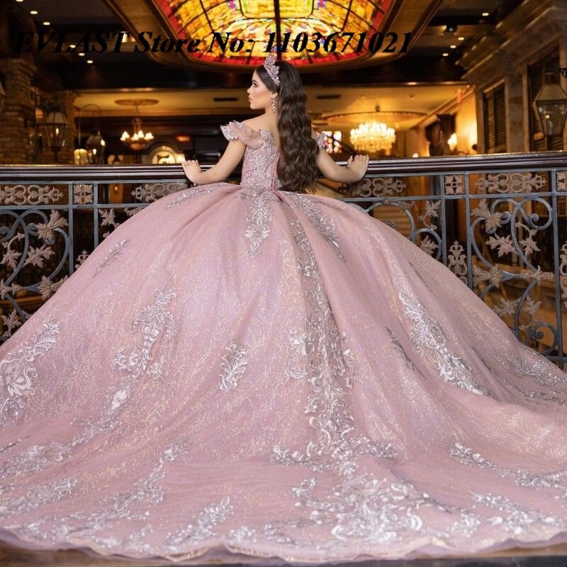 EVLAST różowa sukienka na Quinceanera suknia balowa srebrna koronkowa aplikacja z perełkami meksykański gorset słodki 16 Vestidos De XV 15 Anos SQ11