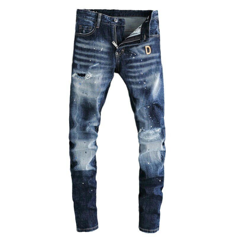 Masculino Retro Azul Stretch Slim Fit Pintado Jeans Rasgado, Calças da Moda Rua, Marca Designer, Hip Hop, Alta Qualidade, Patch