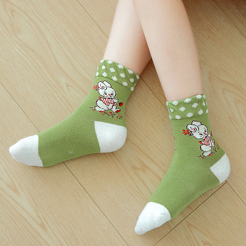 Girls Cute Fresh Green Flower Print Socks 2022 Autumn New Korean Children's Bubble Lace Cartoon Bunny Cotton Socks
