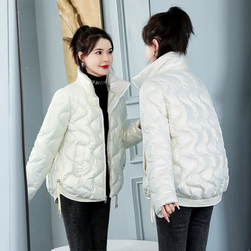 Chaquetas de algodón con cremallera para mujer, abrigo grueso Simple, Color sólido, talla grande, brillante, cuello alto, bolsillo, moda coreana