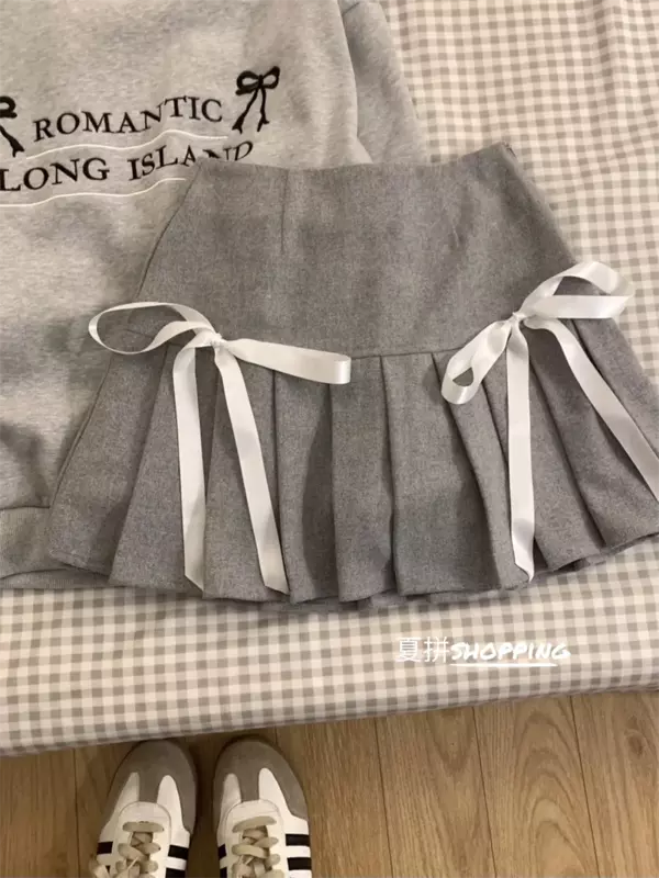 Suéter holgado de manga larga con letras bordadas para mujer, Falda plisada con lazo de cintura alta, informal, sensación de chica coreana, 2 piezas