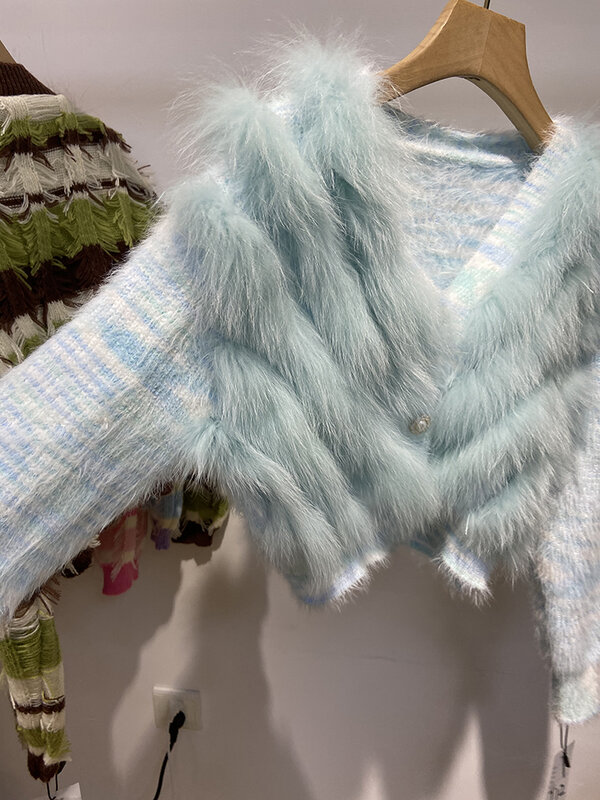 女性のためのキツネの毛皮のセーター,ニットジャケット,青と緑の服,春と秋の新しいコレクション