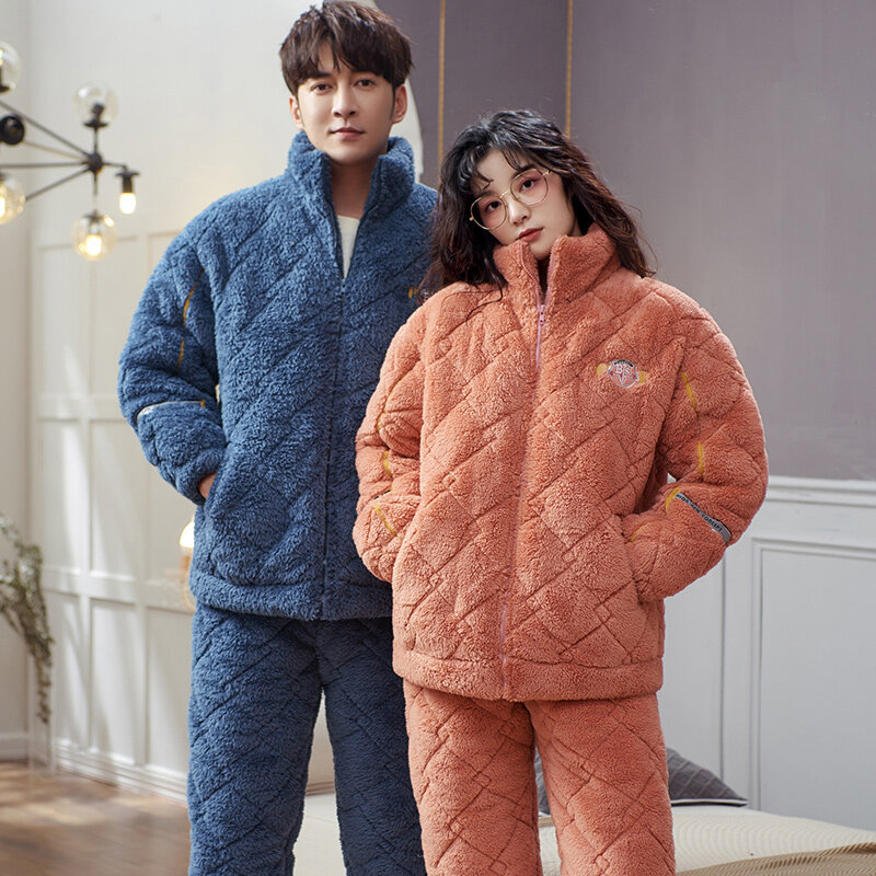 Pajamas Set Couple Winter Three-layer Thick Coral Fleece Quilted Flannel Warm Sleepwear Sweet Ladies Homewear Nightgown Suit
