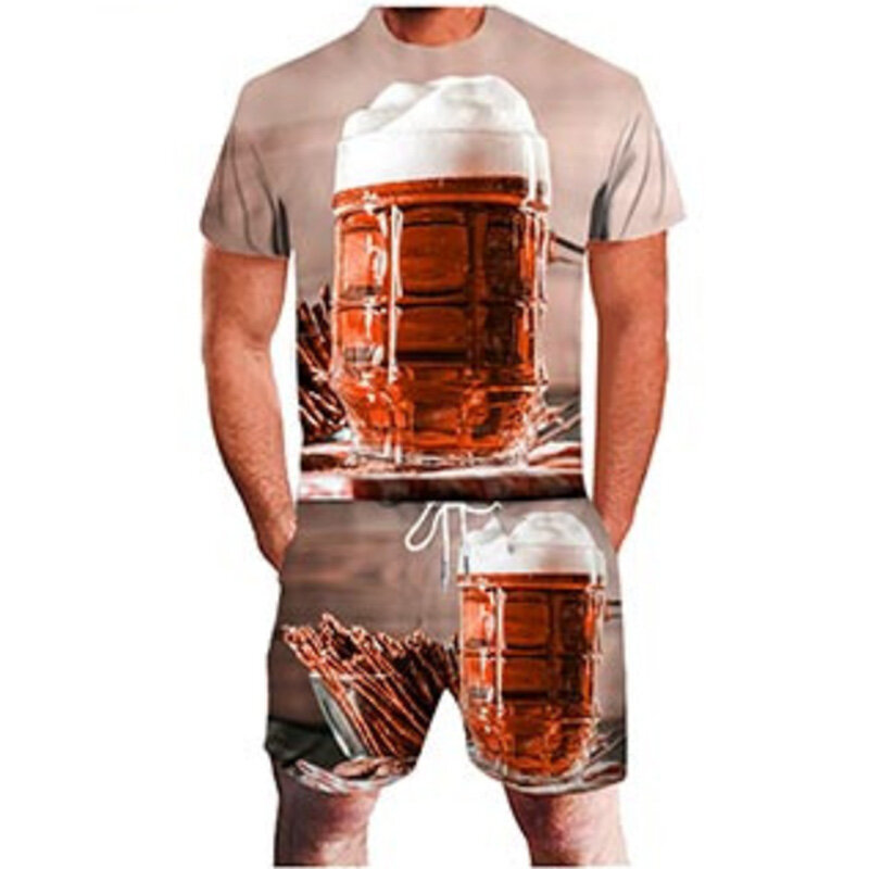 Conjunto de t-shirt e shorts de cerveja 3D masculino, agasalho, gola redonda, roupa casual, pulôver, tendência, moda, 2 peças, verão