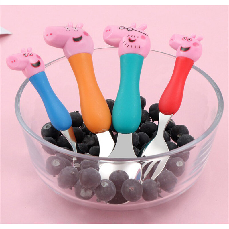 Peppa Pig Fork Spoon Set Children Tableware Fork Spoon George Pig Dad Mom Suit Cartoon Figure Toys Gifts Girls Boys 2024 Gifts
