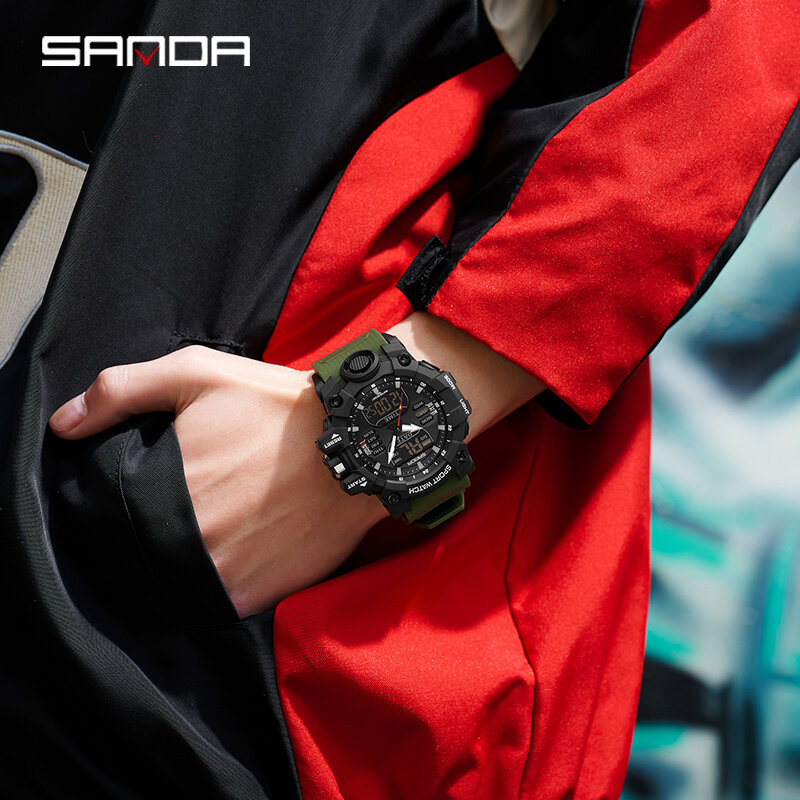 Sanda นาฬิกาทหารสำหรับผู้ชาย, Jam Tangan Digital LED แฟชั่นกลางแจ้งนาฬิกาข้อมือชายควอตซ์อิเล็กตรอนจอแสดงผลคู่