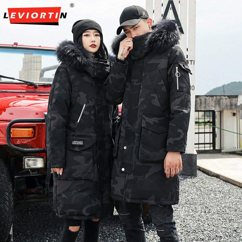 Korean Style Winter Long Parka Coat Men Woman Down Jacket Clothing Hooded Fur Collar Thicken Warm Leisure Lovers Overcoat Unisex