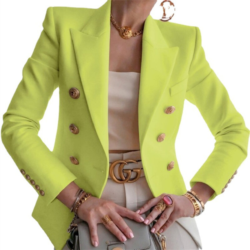 Blazer fino de peito duplo feminino, moda vintage, senhora elegante do escritório, terno casual de manga longa, outono e inverno