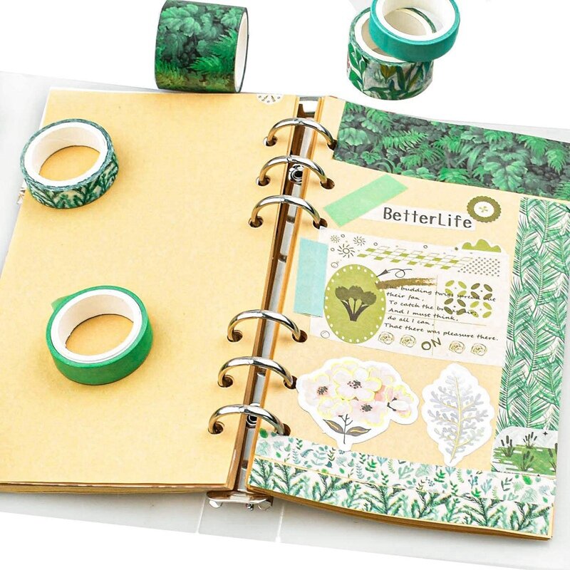 緑の植物の和紙テープ、装飾的な接着剤ステッカー、スクラップブッキング日記、文房具、12個セット