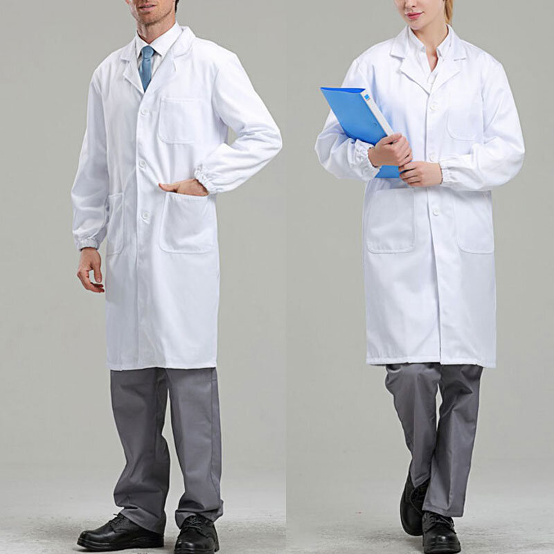 Mantel Lab Putih Lengan Panjang Uniseks Pria Wanita Blus Tunik Seragam Dokter Perawat Medis Kancing Kerah Berberlekuk Kerah