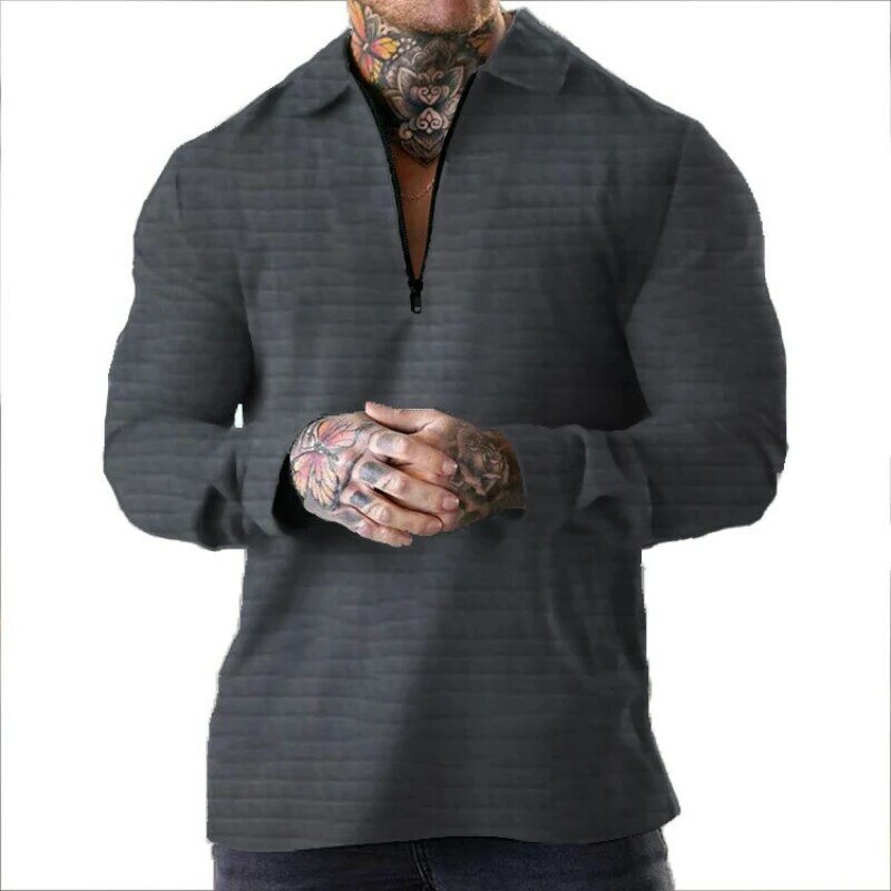 Men's Jacket Waffle Solid Color Zippered Long Sleeved Jacket Casual Pullover  Tops