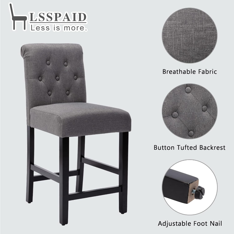 LSSPAID Set bangku Bar tinggi konter 2, 24 inci, kain, kursi Bar kayu pulau dapur, kaki kayu Solid, abu-abu
