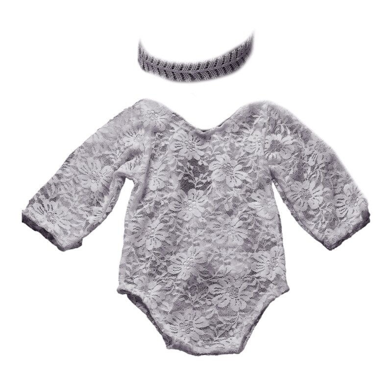 Macacão de renda para bebê com faixa de cabeça adereços para fotografia de recém-nascido Body de malha sem costas para sessão de
