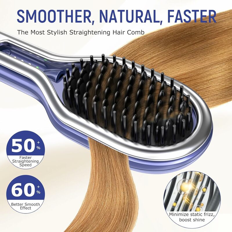Hair Straightener Brush | Negative Ionic Straightening Comb with Dense Bristles,Styling Clamp, 4 Temps Setting, Anti-Scald & Aut