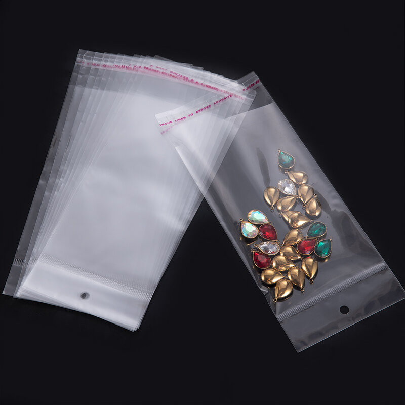 50/100 szt. Przezroczyste samoklejący torby OPP z otworami do powieszenia plastikowe woreczki na biżuterię opakowania detaliczne torebki na herbatniki cukierków