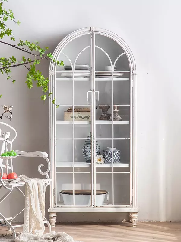 French Arch Bookcase Solid Wood Vintage Bookshelf Display Cabinet Made of Glass Living Room Storage Cabinet with Door