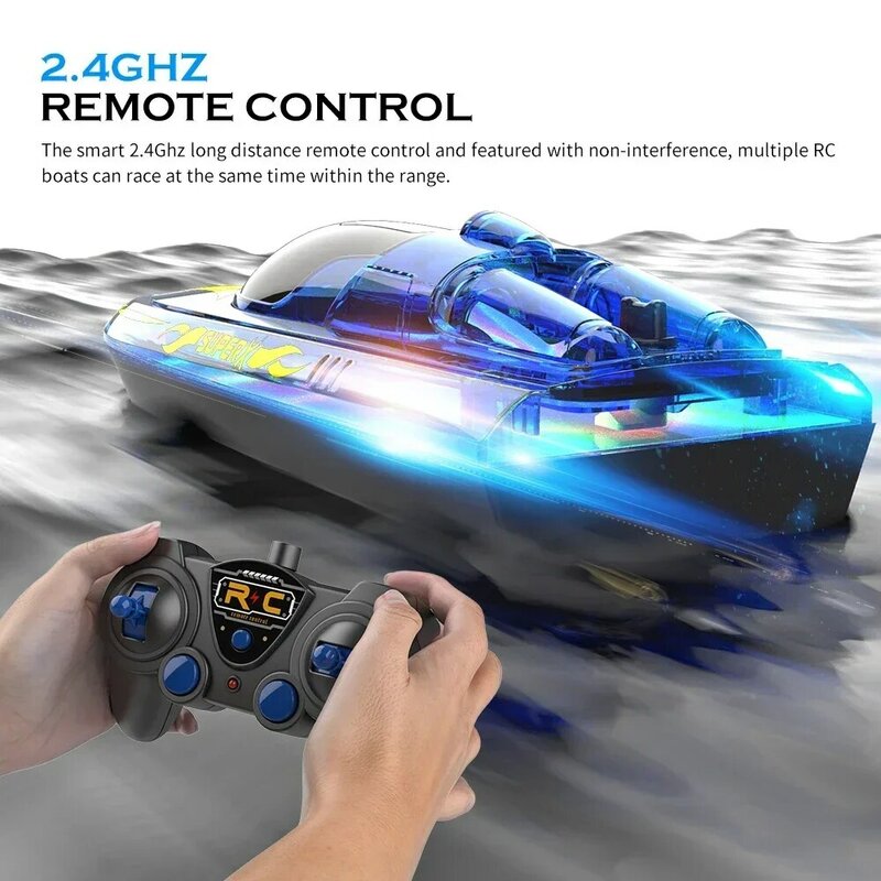 Barco de carreras a control remoto V555, 2,4 GHz, 15 KM/H con cubierta transparente y efecto de luz LED brillante para juguetes de piscina