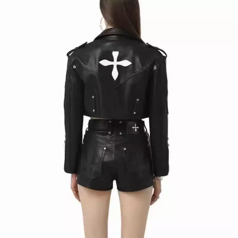 Giacca in pelle moda donna Cool Cross Printed Bomber Jacket Streetwear moto PU capispalla primavera cappotto corto in pelle