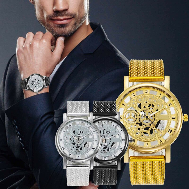 นาฬิกาข้อมือสำหรับผู้ชายสลักลายแบบกลวงแบรนด์หรูนาฬิกาโครงกระดูกชายนาฬิกาควอตซ์ธุรกิจแฟชั่นสายหนัง