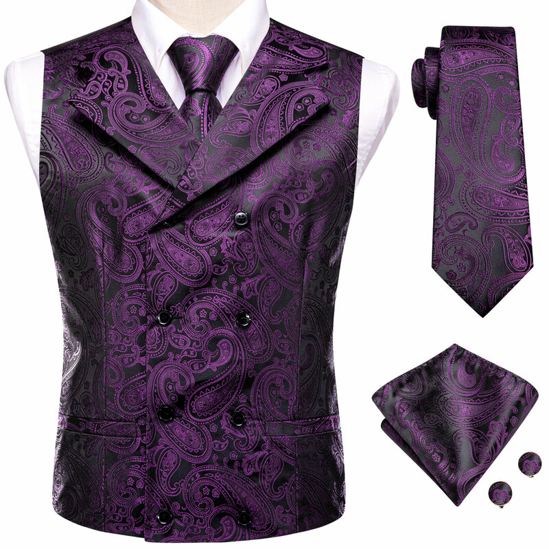 Abotoaduras para homens, colete roxo escuro de alta gravata, colete Paisley Jacquard, gravata de jaqueta, seda elegante, festa de negócios