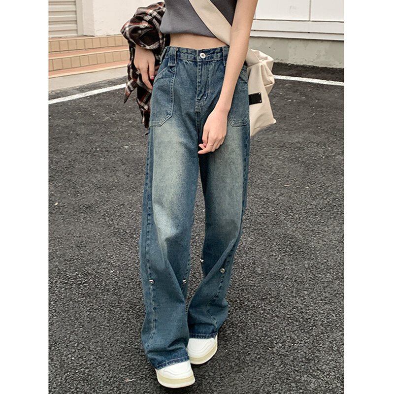 Женские прямые джинсы в американском стиле, синие винтажные брюки с высокой талией в уличном стиле, шикарные Дизайнерские повседневные женские джинсовые брюки с широкими штанинами