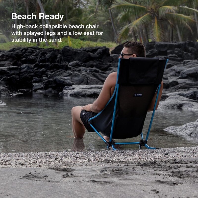 Kursi Kemah hitam ringan, kursi berkemah hitam ringkas, kursi pantai profil rendah dengan saku furnitur luar ruangan