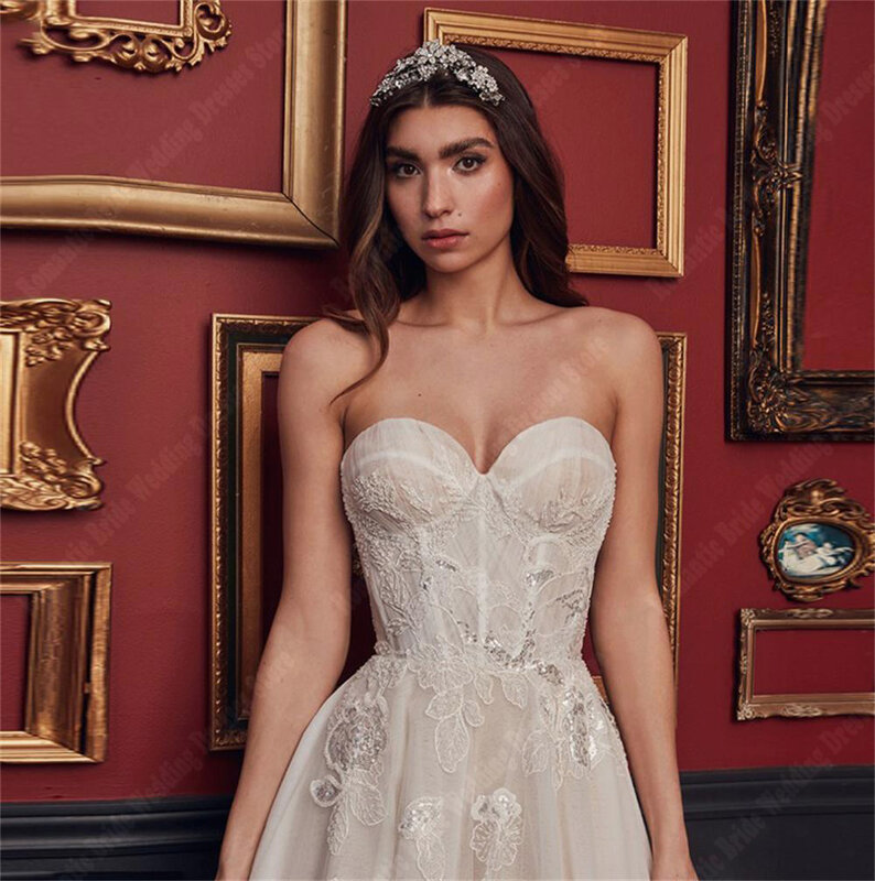 Illusion White Princess Wedding Dresses Sleeveless  Sweetheart Collar Tulle Bridal Gowns Mopping Length Woman Vestidos De Novia