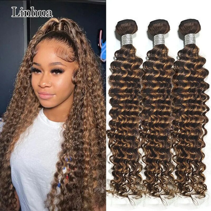 Linhua 30 Inch P4/27 Deep Wave Human Hair Bundles 1 3 4 pcs Highlight Ombre Brown Honey Blonde Deep Curly Hair Weave Weft