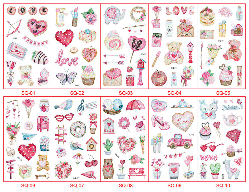 10 Pak Stiker Tato Palsu Hari Valentine Lengan Tato Sementara DIY Koleksi Kartun Seni Tubuh Bunga Mawar Cinta Hati Merah