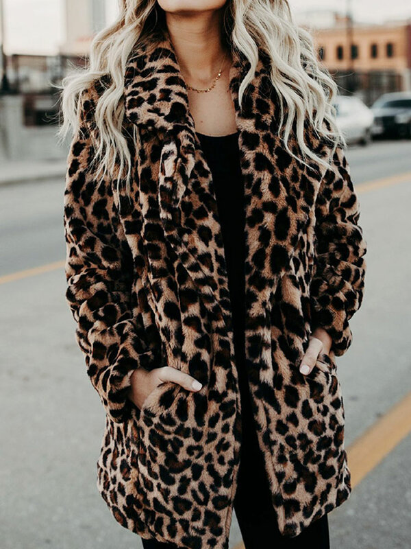 Осеннее леопардовое пальто из искусственного меха, женское длинное зимнее пальто, женская теплая меховая куртка, женское плюшевое пальто, верхняя одежда