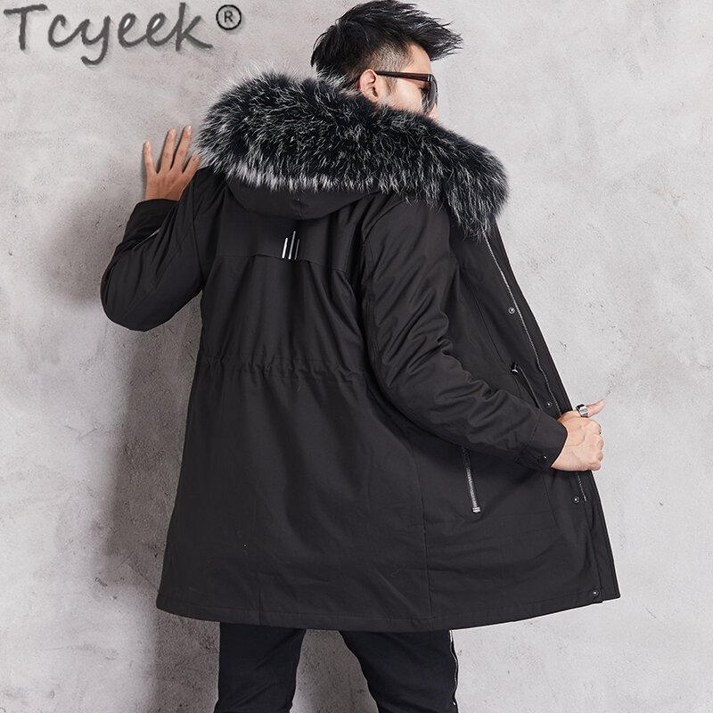 Tcyeek Mid-long Fur Jackets Man Clothes Warm Detachable Rex Rabbit Fur Liner Parka Fashion Winter Men Jacket Raccoon Fur Collar