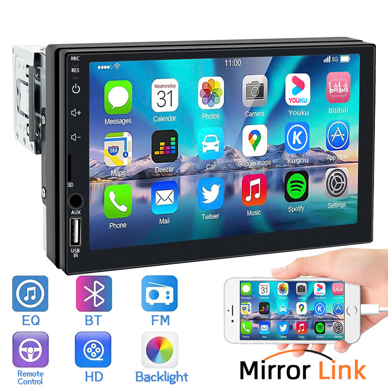 Radio con GPS para coche, reproductor Multimedia con pantalla táctil de 7 pulgadas, 1 Din, MP5, FM, ISO, entrada auxiliar de alimentación, Bluetooth, USB, Mirror Link, autorradio Universal