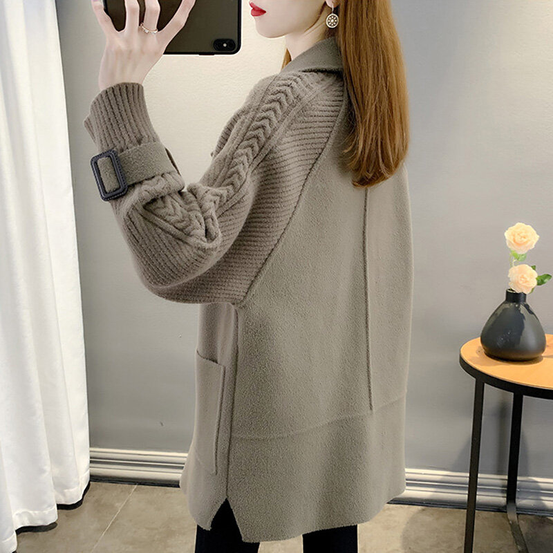 2022 inverno novo casual feminino casaco de lã moda dupla breasted jaqueta bolso senhoras solto casaco feminino