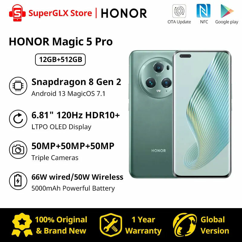 HONOR-Magic 5 Pro كاميرات ثلاثية, Snapdragon 8, Gen 2, النسخة العالمية, تكبير رقمي 100X, 66 وات شحن فائق, 120 هرتز, 50MP, 5 Pro, جديد