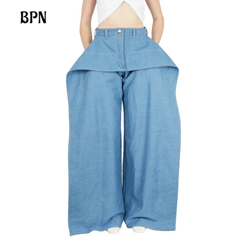 BPN Jeans larghi minimalisti per le donne tasche Patchwork a vita alta pantaloni Casual in Denim a gamba larga solido abbigliamento moda femminile