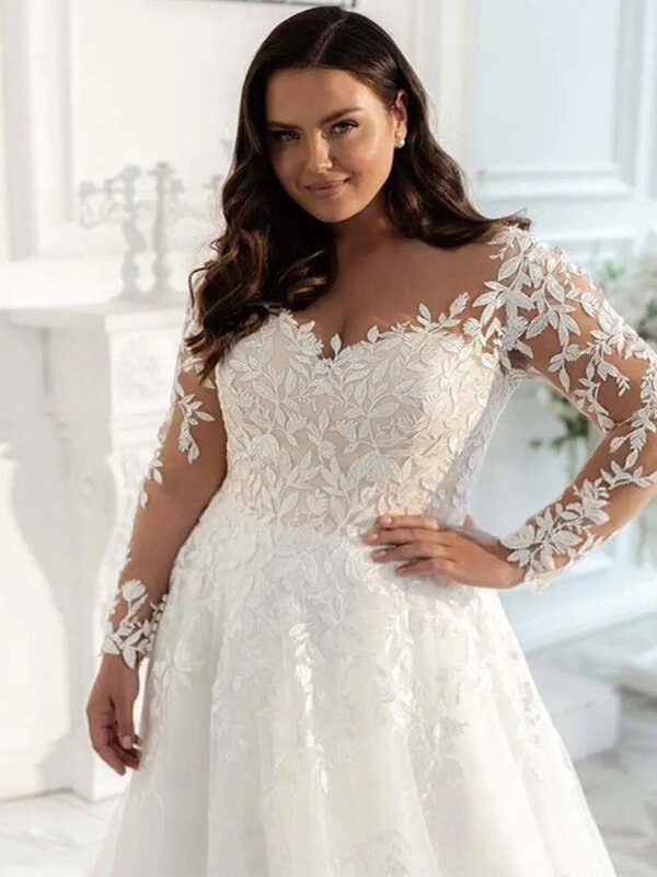 Plus Size prześwitująca suknia ślubna z dekoltem w szpic długie rękawy koronkowa tiulowa aplikacja o linii Boho ślubne suknia 2023 szyta na zamówienie szata de mariée