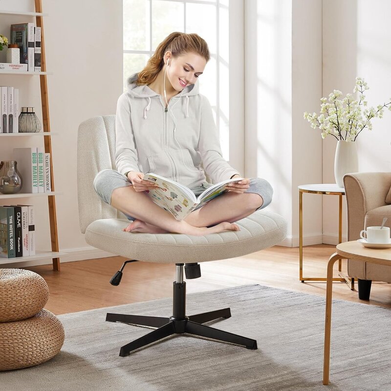 Criss Cross Legged Office Chair, Armless Swivel Wide Desk Chair No Wheels, Modern Height Adjustable Fabric Home Office Desk