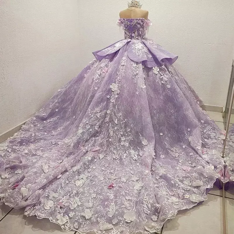 Laço lilás Princesa Quinceanera Vestidos, Vestido de baile, Flores 3D, Espartilho de baile, Aniversário de 15 anos, Luxo