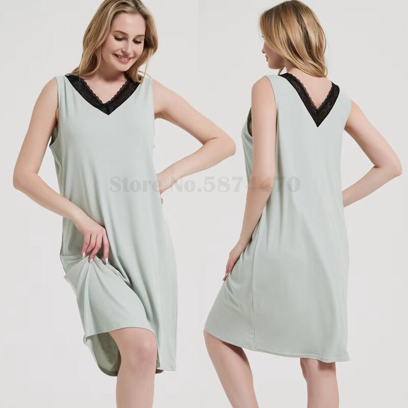 Modal Nightgown คอวีเซ็กซี่, ชุดนอนยาวปานกลางลูกไม้หลวมลำลอง pakaian rumahan สีทึบชุดชั้นในสำหรับผู้หญิง