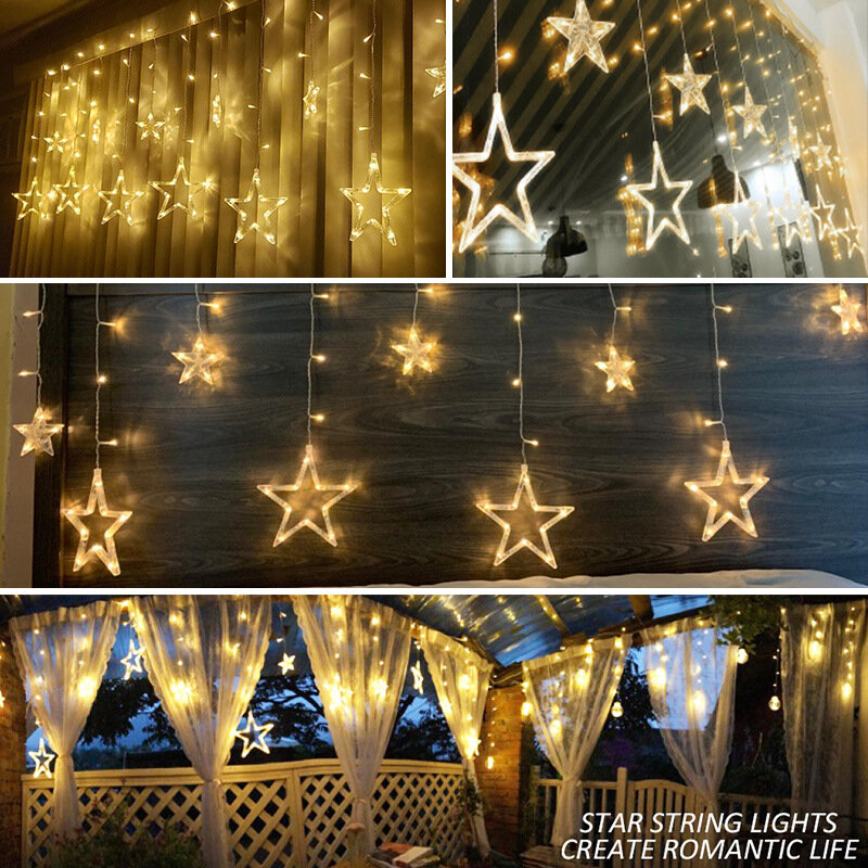 Lampu tirai karangan bunga LED 3.5M, tali lampu tirai Bulan Bintang Peri Natal liburan romantis untuk dekorasi pesta pernikahan Taman