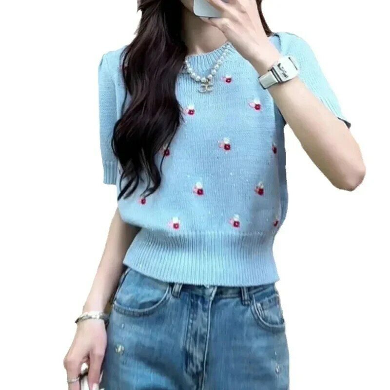 Spring Summer New Fashion Colorful Embroidered Flower Women Sweater Simple Round Neck Short Sleeve Female Knitted T-shirt