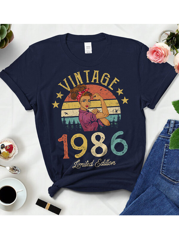 Vintage 1986 Limited Edition Black Cotton T Shirts Women Retro Summer Fashion 38th 38 Years Old Birthday Party Tshirt Ladies Top