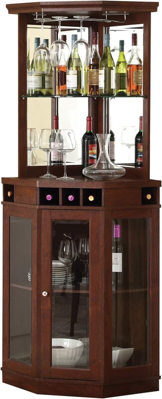 Barra de esquina con marco de madera con 5 botellas de vino, estante de almacenamiento, acabado de caoba, comedor, salón, cocina, arte y artesanías, gabinete triangular