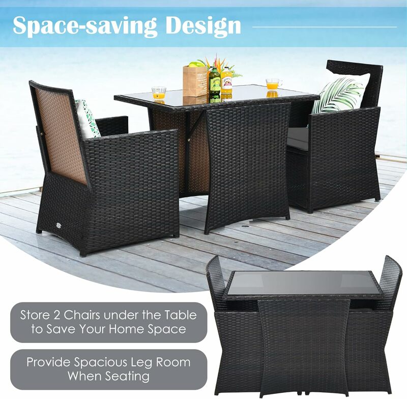 Outdoor Rattan Bistro Set with Cushions, Tempered Glass Tabletop, Wicker Conversation Set for Garden Backyard Poolside Porch,