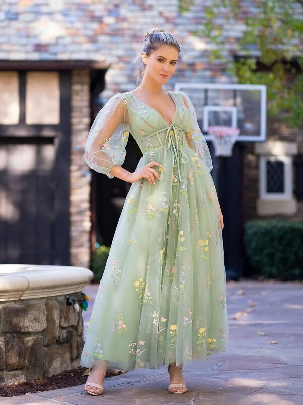 Sweetheart Embroidery Prom Dress Women A Line Tea-Length Green Tulle Puff Sleeves Floral Corset Midi Formal Evening Party Gowns