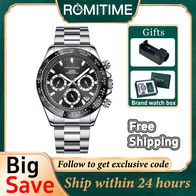 ROMITIME zegarki dla mężczyzn Top oryginalna marka pasek ze stali nierdzewnej Luminous męskie zegarki luksusowy wodoodporny modny zegarek kwarcowy