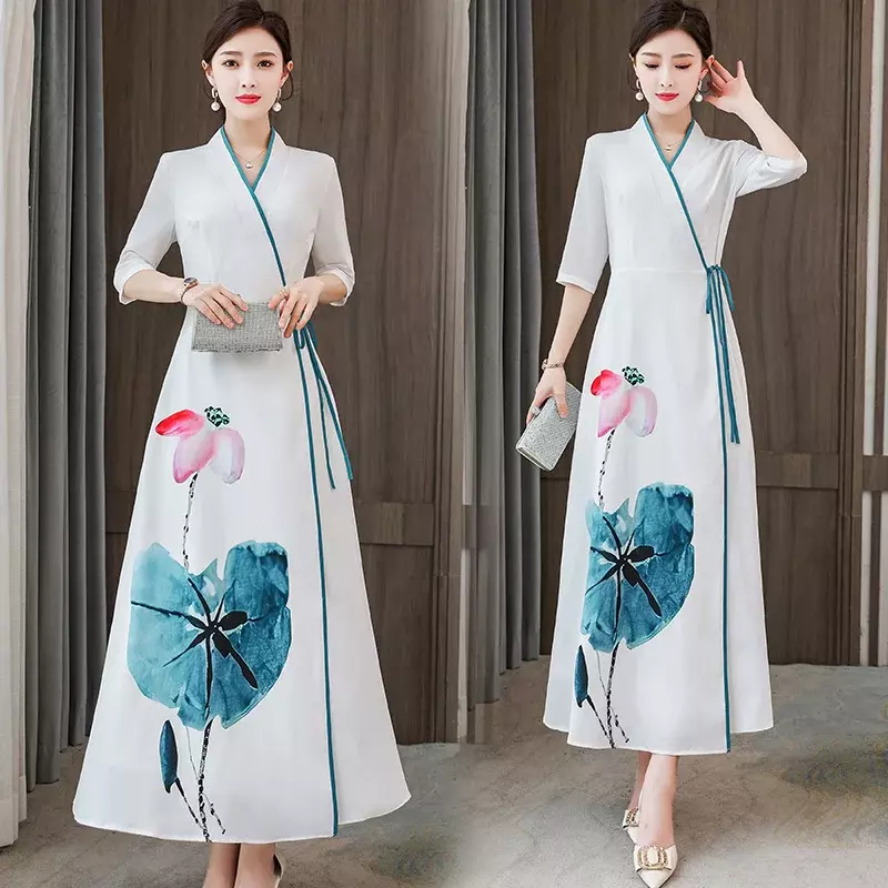 Китайское традиционное Длинное Элегантное приталенное Восточное национальное китайское платье белые платья Hanfu Женские винтажные платья с принтом Харадзюку