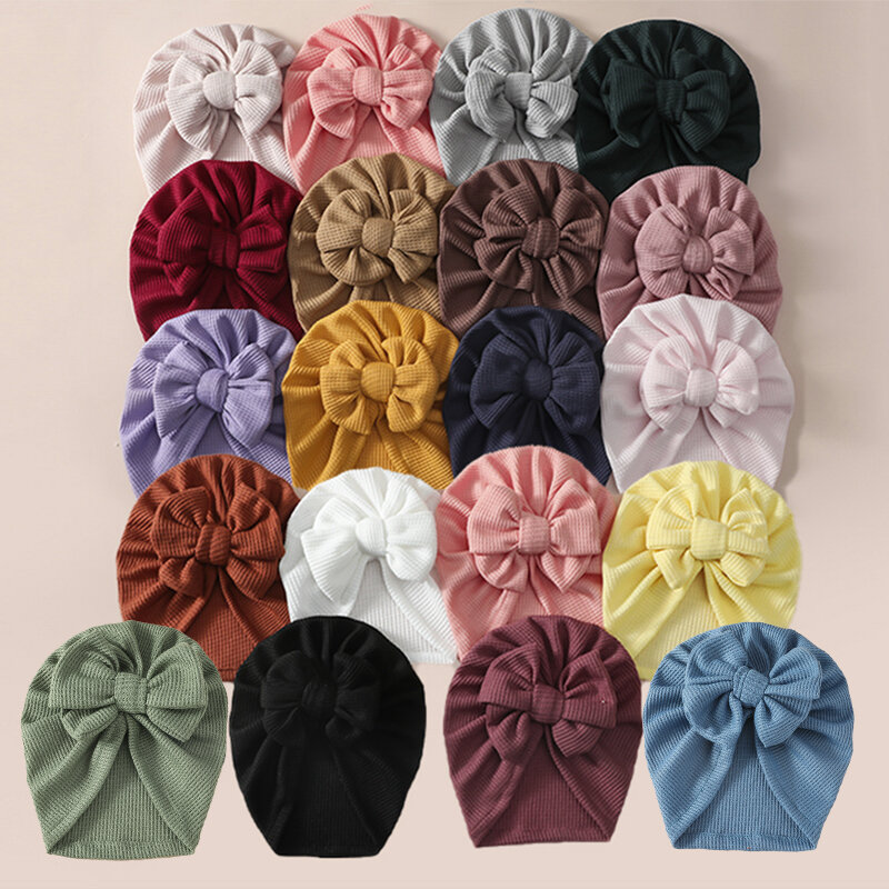 1pc Solid Color Baby Waffle Knit Bowknot Baby Girl Hat Turban Bow Head Wraps Baby Kids Bonnet Beanies Newborn Indian Turban Caps
