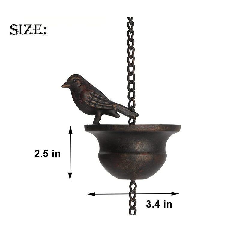 Zewnętrzny łańcuch deszczowy ozdobny rynnowy łańcuch przeciwdeszczowy wyjmowany ptak na kubku z dzwonka przeciwdeszczowego odprowadza wodę z dołączonego wieszaka do domu