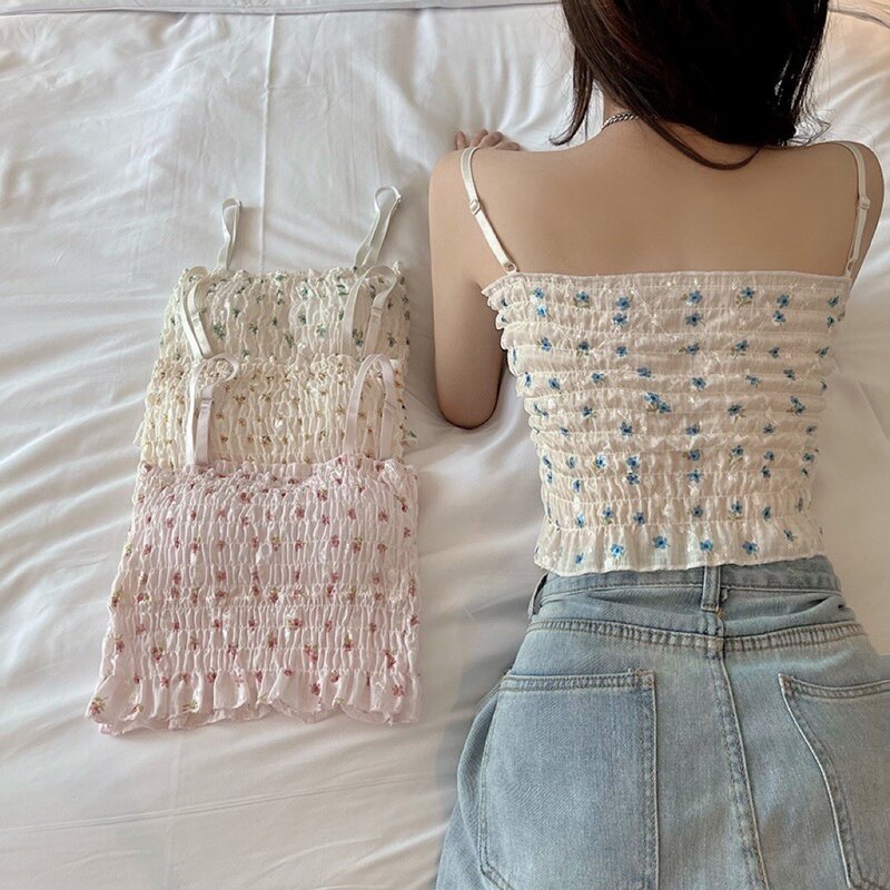 Floral Printed Camisole Woman Summer Sweet Spaghetti Strap Tank Top Female with Built In Bra Corset Women Vest with Padded